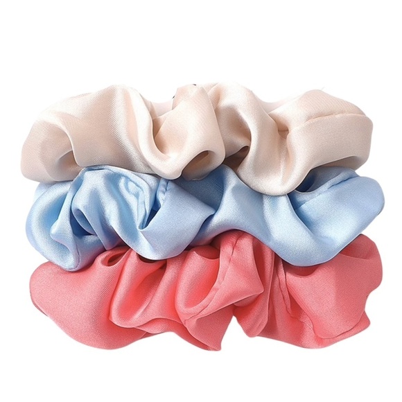 Accessories - Coral, Blue Cream Satin Set Of 3 Scrunchies